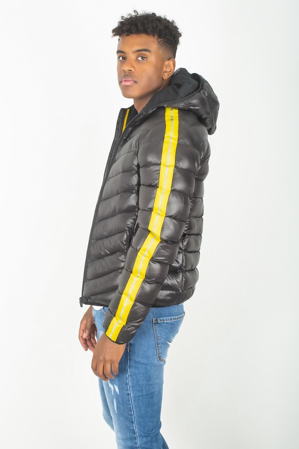 BLACK-YELLOW-REFLECTOR-STRIPE-HOODED-PUFFER-JACKET