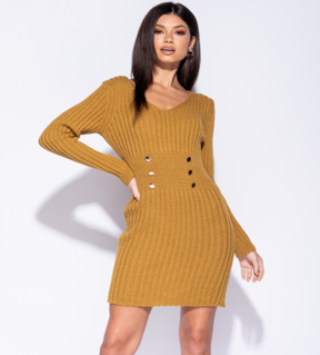Button Detail Plunge Neck Knit Dress 